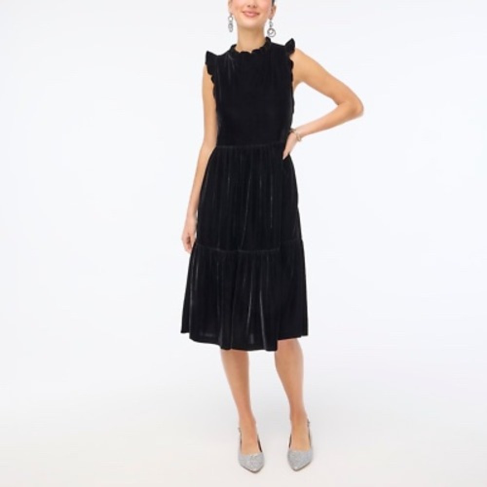 J.Crew Black Velvet Sleeveless Ruffleâ Neck Tiered Midi Dress